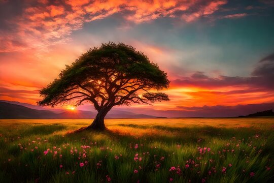 A poetic composition of a lone tree standing tall amidst a sea of lush green grass, against a backdrop of a vivid orange and pink sunset.