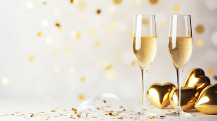 Aesthetic invitation layout with glasses of champagne. Festive light golden background. Party concept. Generative AI