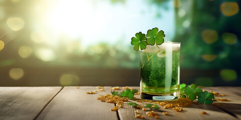 Liquid chlorophyll in a glass of water on the background of plants, St. patricks day set with pint of green beer on a wooden table with handmade felt shamrocks, - obrazy, fototapety, plakaty