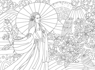 coloring book page for adults and children. dreaming Asian young