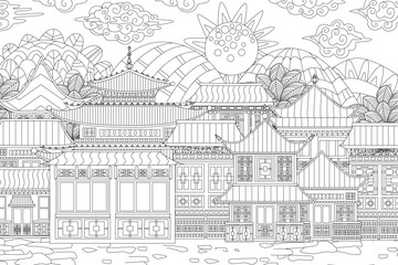 colouring book page for adults and children with ancient asian c