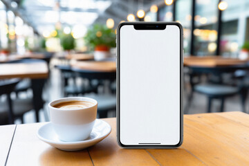 Mockup smartphone with blank screen on wooden table in coffee shop