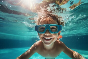 a child, a boy, swims in the pool wearing goggles for swimming underwater. water treatments, a kind of sport. - obrazy, fototapety, plakaty