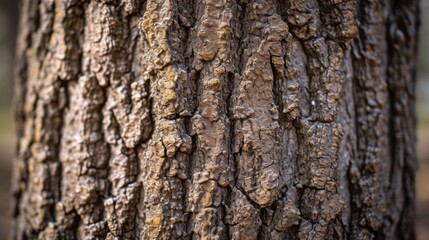 A close up of a tree trunk with bark and leaves, AI