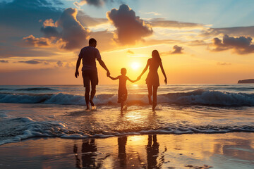 Happy family relaxing on tropical sandy beach with. Summer, vacation and travel concept