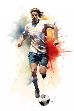 soccer athlete running with ball, in watercolor style. generative ai