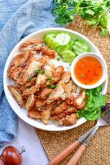 Fried chicken and chicken sauce with rice, Thai food , top view food