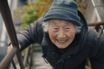 階段を上がっている（登っている）笑顔の老人　シニア　元気　おばあちゃん　婆ちゃん　観光　散歩