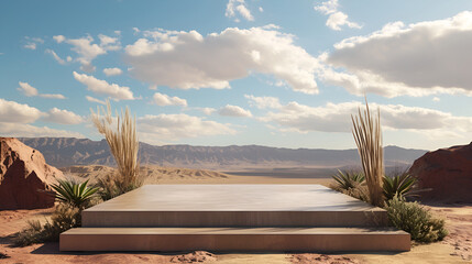 A big square beton podium in the desert with plants, background with mountains