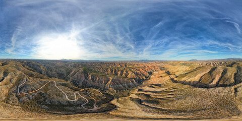 VR 360 view. Gorafe Desert. Panoramic aerial view of mountainous desert area. Ravines, caves and...