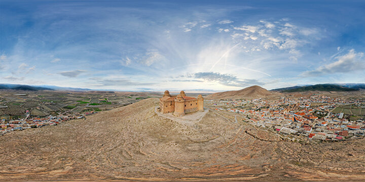 360º VR pano image. Calahorra Castle. Panoramic aerial view. Medieval castle on mountain and town, filming location for The House of the Dragon. Pentos Castle. Andalusia. Spain.
