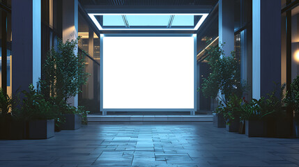 empty billboard in the hallway at evening, podium white illuminated sign, white glow