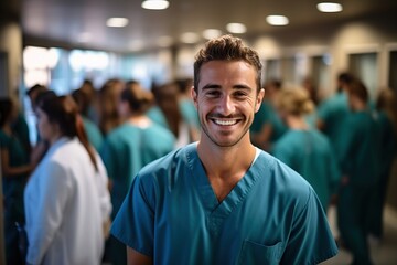 Portrait of a smiling young male doctor in a green uniform with a group of unrecognizable colleagues in the background - obrazy, fototapety, plakaty