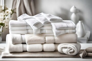 A beautifully folded stack of fluffy  towels, creating a sense of luxury and comfort.