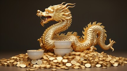 Obraz premium Golden Dragon on Coins Pile Representing Wealth and Prosperity