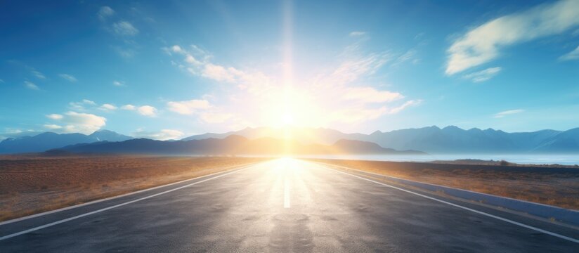 Hazy road and blue sky with a bright sun