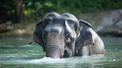 male Asian elephant is enjoying bathing.