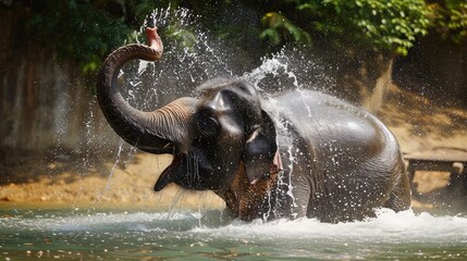 male Asian elephant is enjoying bathing. - obrazy, fototapety, plakaty