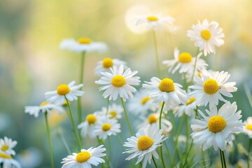 A field of white daisies with a blurred background and sunlight shining through.