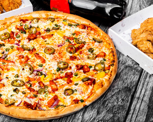 pizza on a wooden board