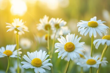A field of white daisies with a blurred background and sunlight shining through.
