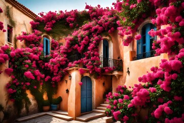 Fototapeta na wymiar A Mediterranean-style villa with terracotta roofs and vibrant bougainvillea climbing the walls.