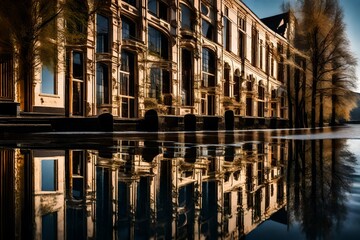 A close-up of a river hotel's reflection in the water, capturing the details of its architecture and the beauty of its surroundings.