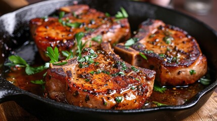 Pork chops cooked with garlic in a cast iron pan - obrazy, fototapety, plakaty