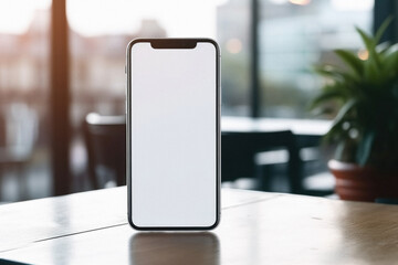 Mockup image of smartphone with blank white screen on wooden table in cafe