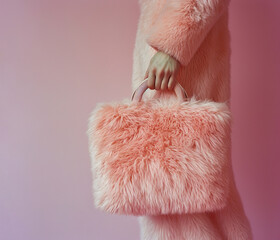Female hand holding pink fluffy bag made of faux fur.
