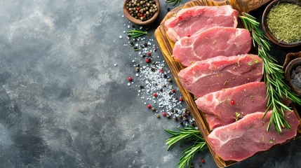  Raw pork meat on wooden board on grey background with rosemary, salt and pepper. Pork loin. Copy space. Top view. © buraratn