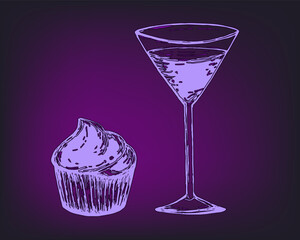 Delicious dessert, fast food. Cupcake with refreshing drink drawn by hand. Fresh drink and sweet bun In neon light. Vector sketch of food. Great for romantic meeting.