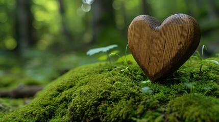 Close-up of wooden heart in moss, Ai Generated