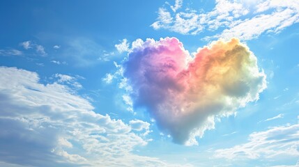 Colorful rainbow clouds in the shape of a heart on a blue sky on Valentine's Day, Ai Generated