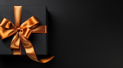 Stylishly Wrapped Giftbox - Top-Down View of Black Box with Shiny Orange Satin Ribbon Bow on Isolated Background, Perfect for Special Occasions and Celebrations