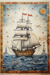 Medieval pirate sailboat sailing on the sea waves, illustration, imitation of an old vintage postcard, nostalgia trend