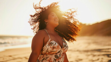 Beautiful happy plus size girl dancing on the beach with her hair flying. Body love concept. Generative AI - obrazy, fototapety, plakaty
