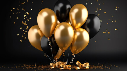 Happy new year background with gold glittery balloons. Generative Ai