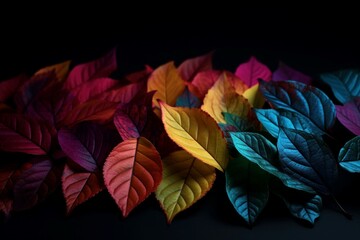 Colorful leaves spread. Multicolored vivid botany foliage heap. Generate ai