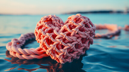 Pink sailor rope rolled into a heart shape on a solid pastel background. Heart-shaped sailor knots. - obrazy, fototapety, plakaty