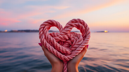 A pink sailor's rope rolled into a heart shape held by female hands by the sea. Heart-shaped sailor knots.