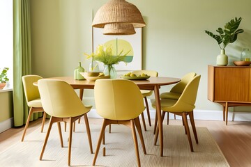 lemon yellow color chairs at round wooden dining table in room near greenish yellow wall