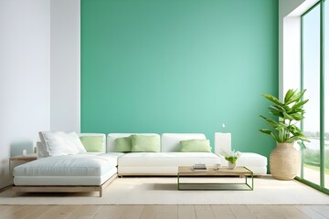 Minimalistic modern interior design with white sofa and seagreen clear wall with plants