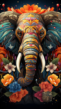 Indian elephant, graphic esoteric totem elephant head.
