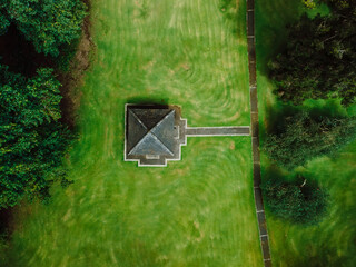 Aerial top down view of botanic garden. Bali botanical garden