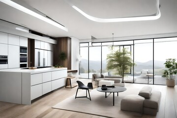 A minimalist and elegant smart home interior, seamlessly integrating technology into everyday living spaces.