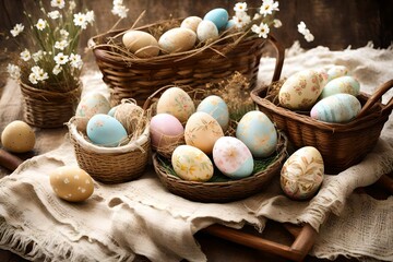Fototapeta na wymiar A rustic Easter picnic setting with a vintage blanket, woven baskets, and decorative eggs.