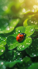 A ladybug crawls on a four-leaf clover Generative AI