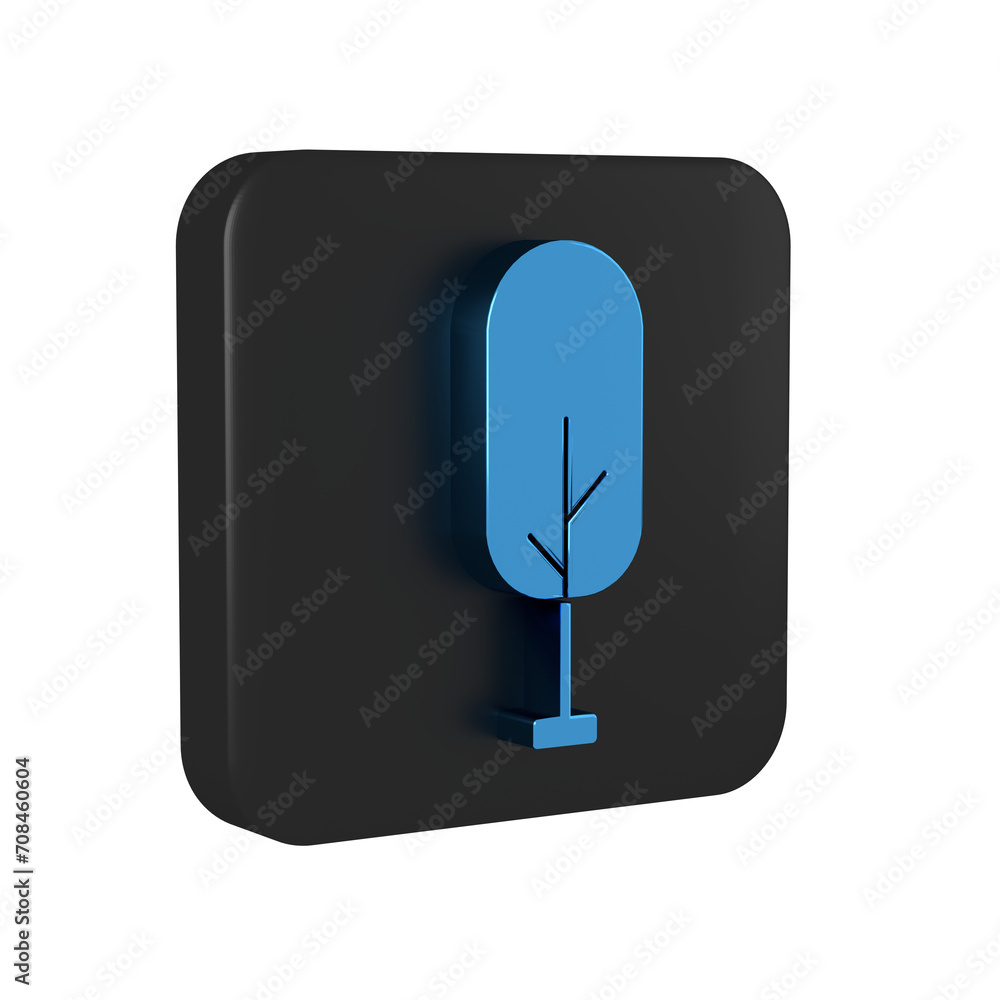 Poster blue tree icon isolated on transparent background. forest symbol. black square button.