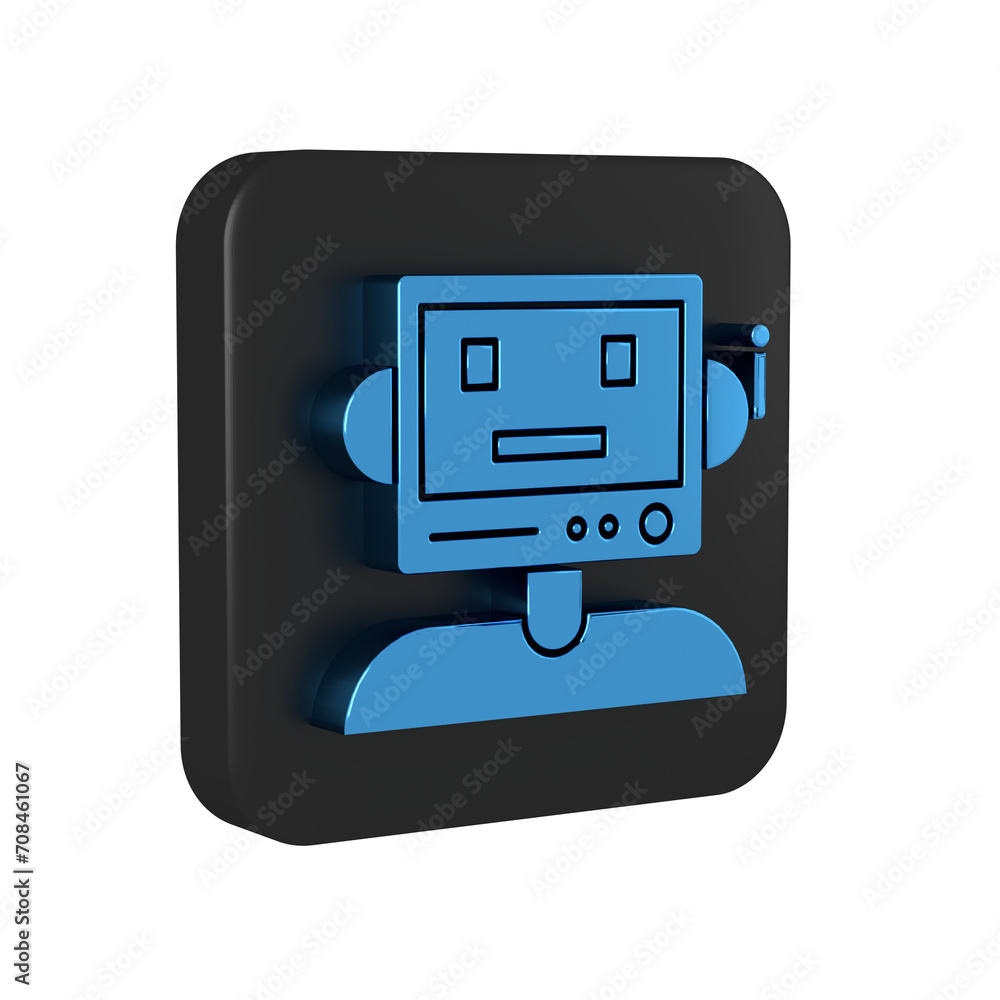 Poster blue robot icon isolated on transparent background. black square button.